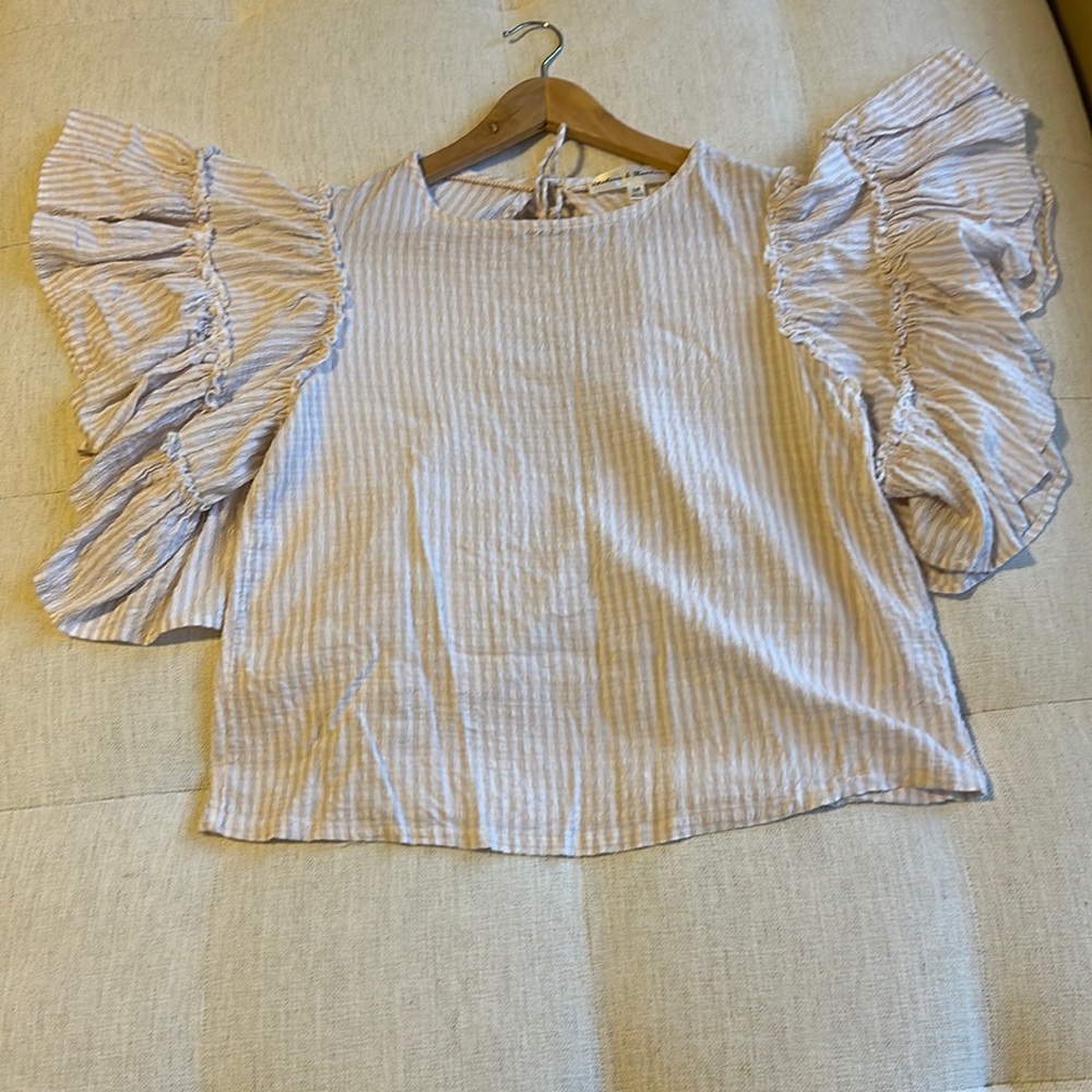Chelsea & Theodore top with wide ruffled sleeves. Size small.